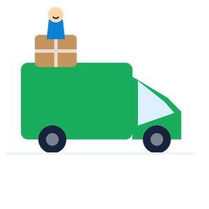 A delivery van with a parcel and a bobblehead figurine on top