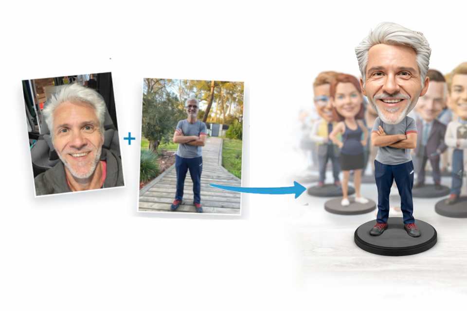 Two photos combined into a custom bobblehead figurine